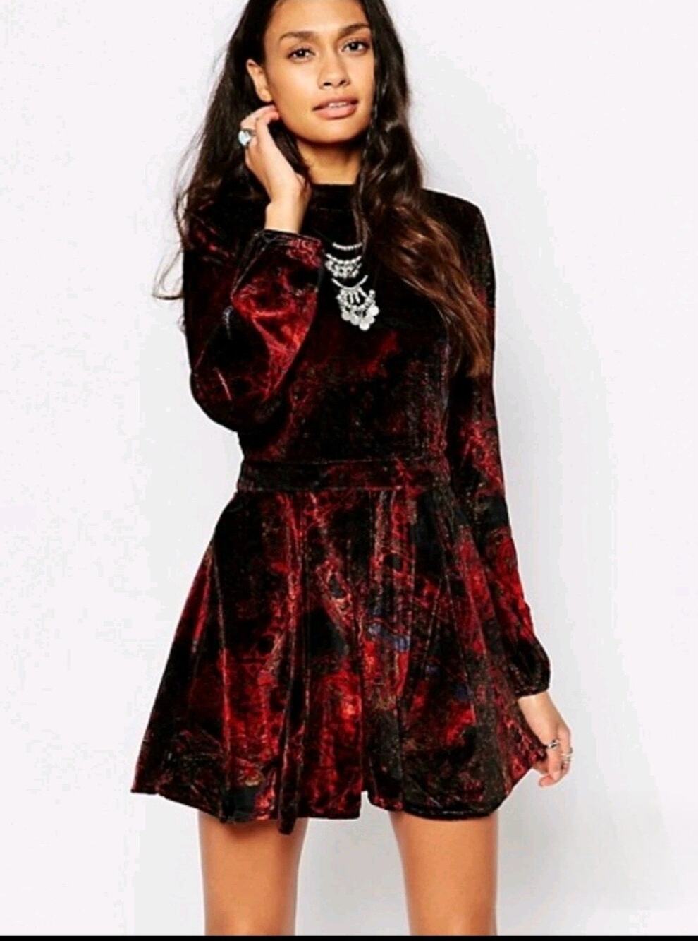 NEW! Free People Red Black Velvet Backless Longsleeve Mini Romper Size 2